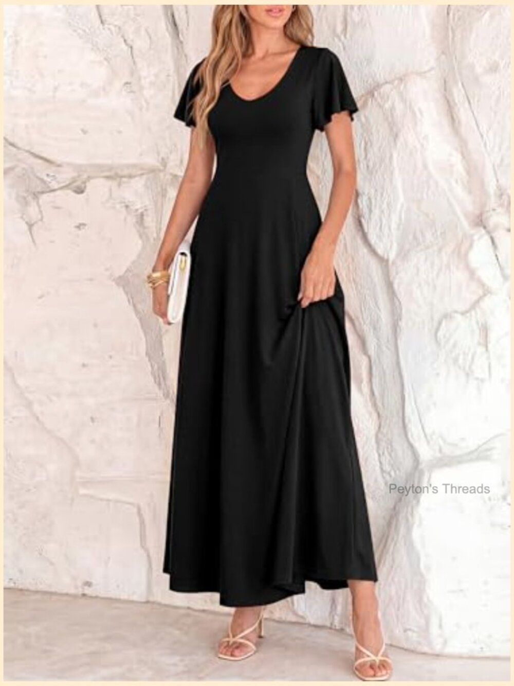 V Neck Ruffle Sleeve A Line Maxi Formal Wedding Guest Dress - Picture 6 of 7